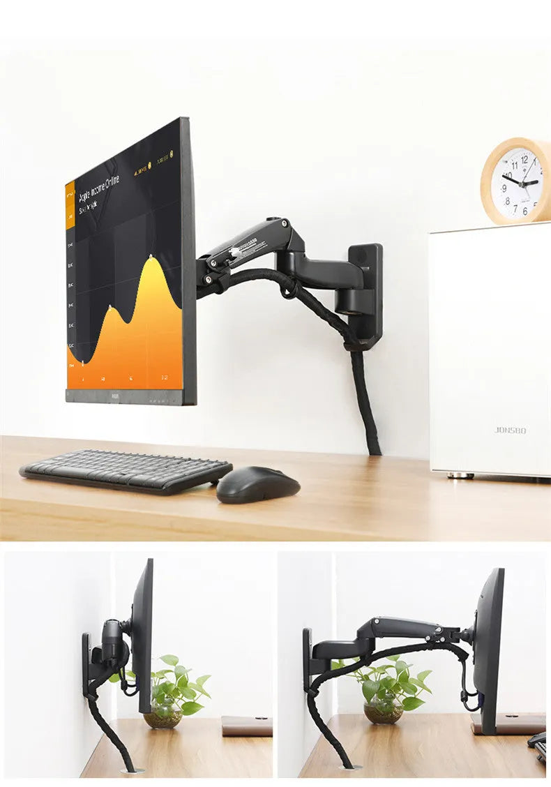 Black wall-mounted monitor stand with telescopic and rotating arm on a wall