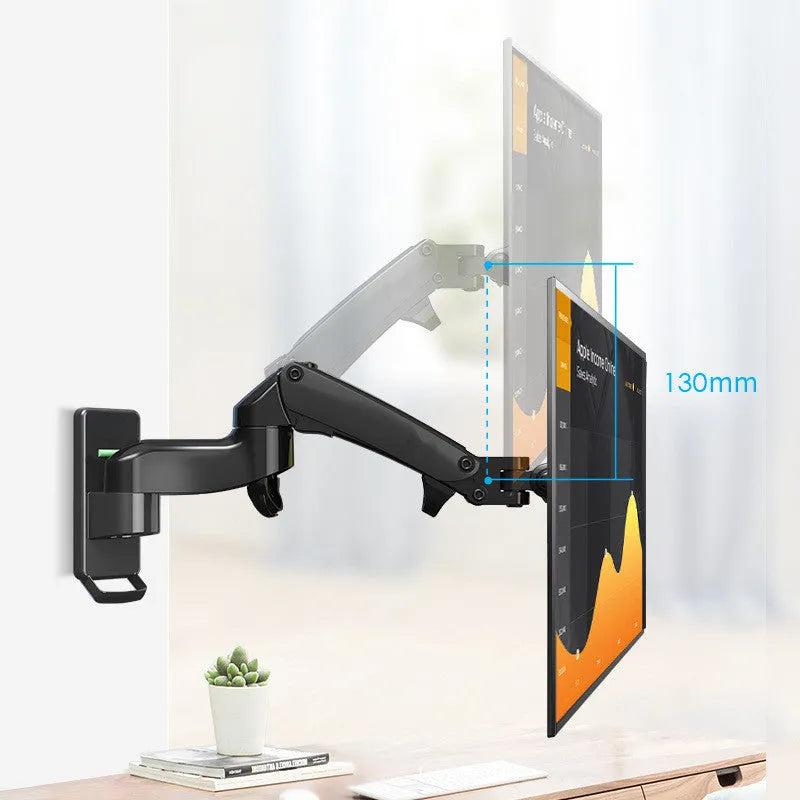 Black wall-mounted monitor stand with telescopic and rotating arm on a wall
