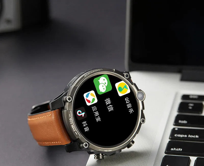 Black smart phone watch with 1.6-inch screen showing call interface and heart rate display