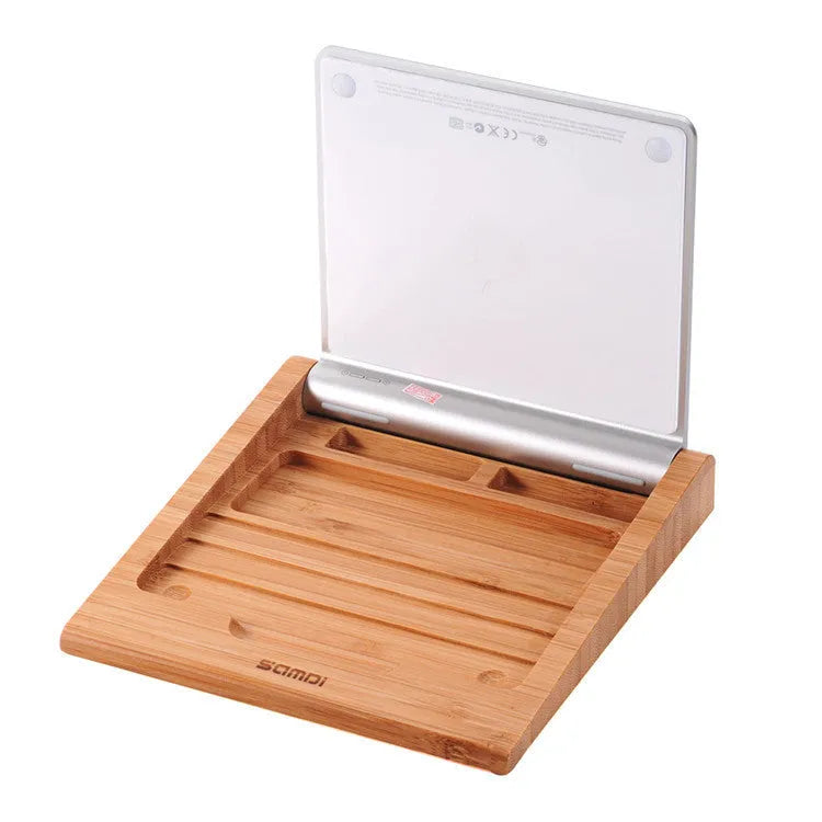 Bamboo wood Apple trackpad bracket showing 15cm size and natural colour