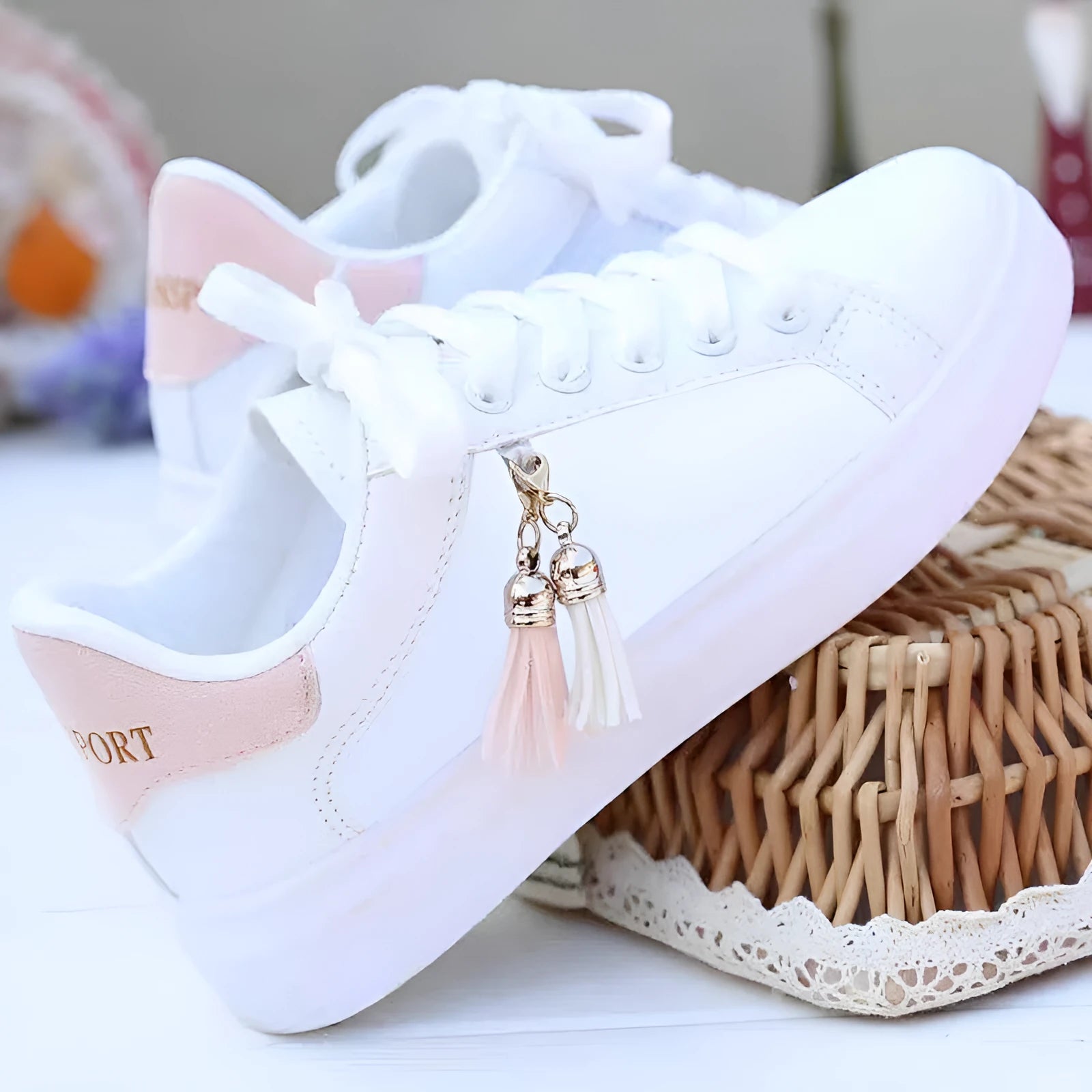 Women's white mesh casual shoes with pink accents and rubber sole on grey background