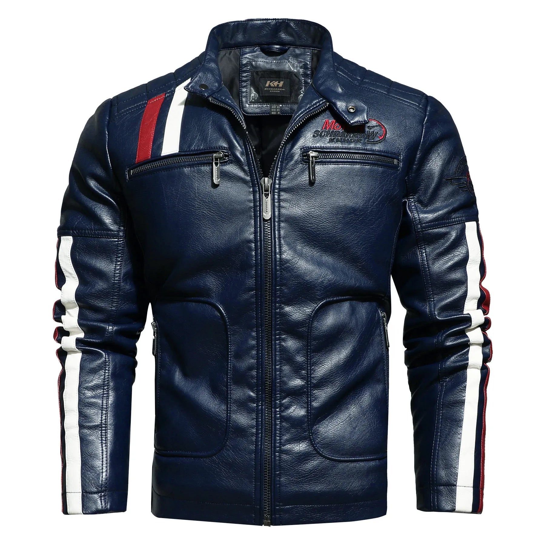 Men's PU leather motorcycle jacket with washed cotton lining in rock style, black colour, front view