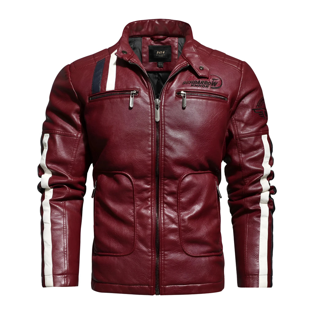 Men's PU leather motorcycle jacket with washed cotton lining in rock style, black colour, front view