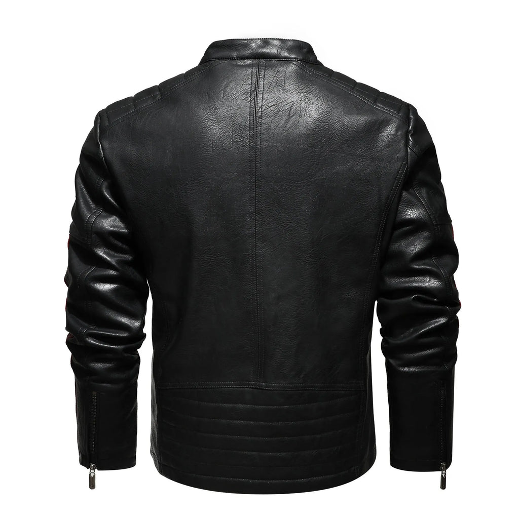 Men's PU leather motorcycle jacket with washed cotton lining in rock style, black colour, front view
