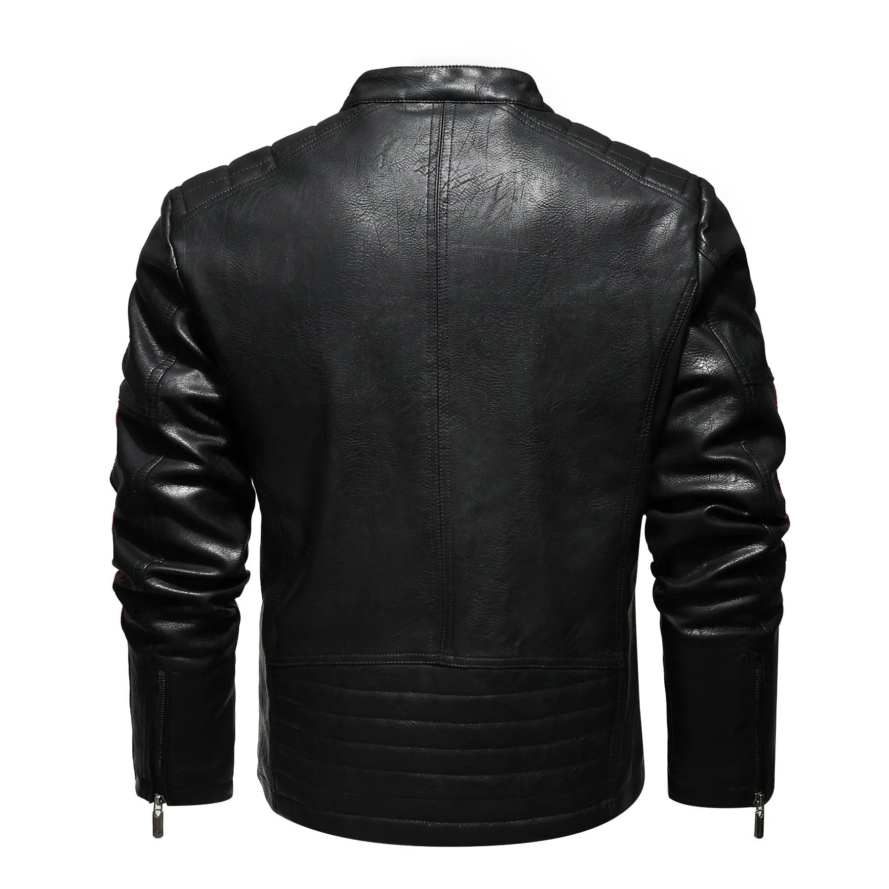 Men's PU leather motorcycle jacket with washed cotton lining in rock style, black colour, front view