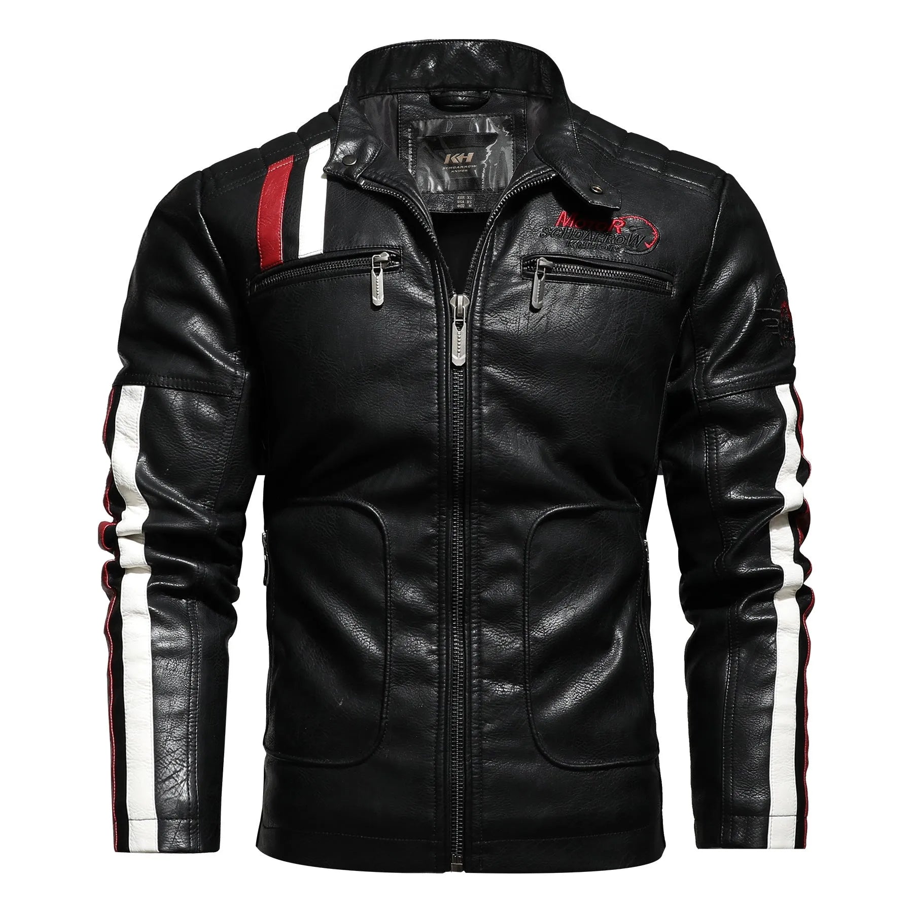 Men's PU leather motorcycle jacket with washed cotton lining in rock style, black colour, front view