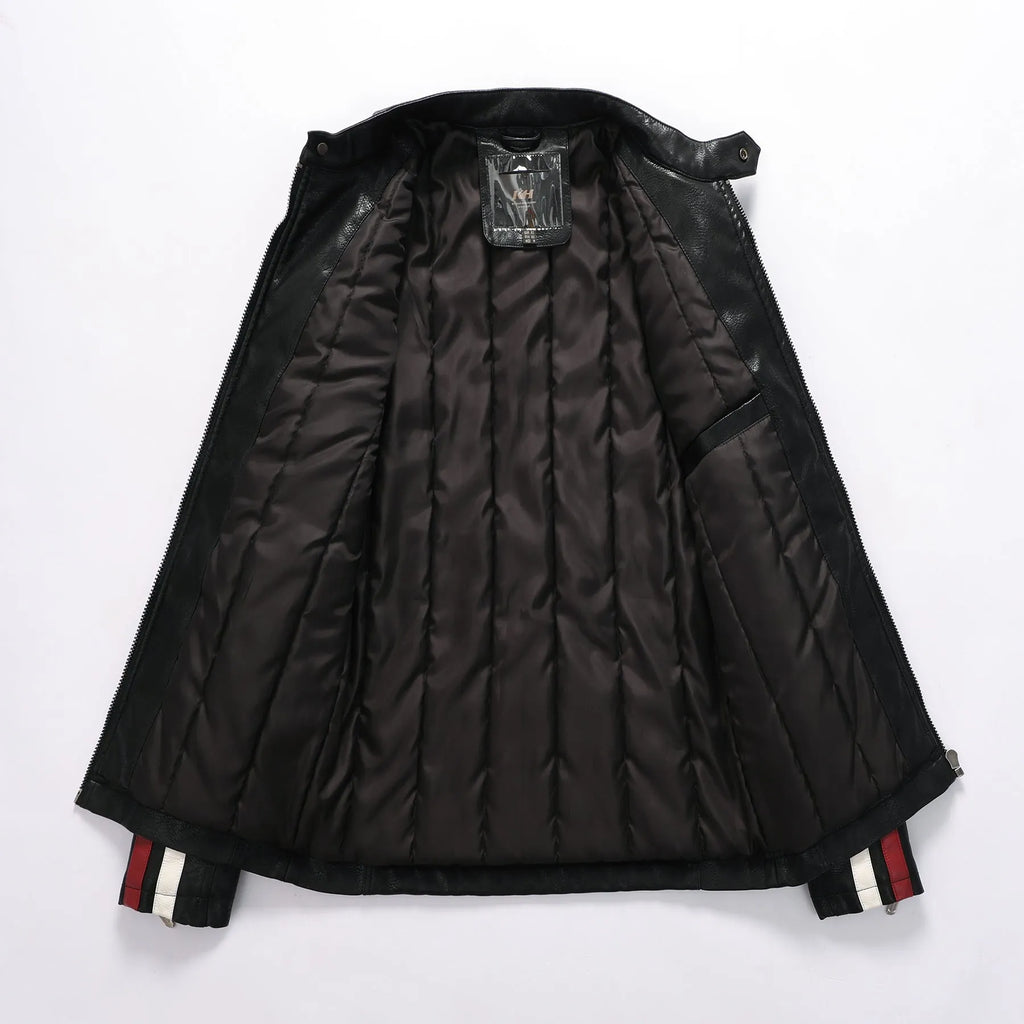 Men's PU leather motorcycle jacket with washed cotton lining in rock style, black colour, front view
