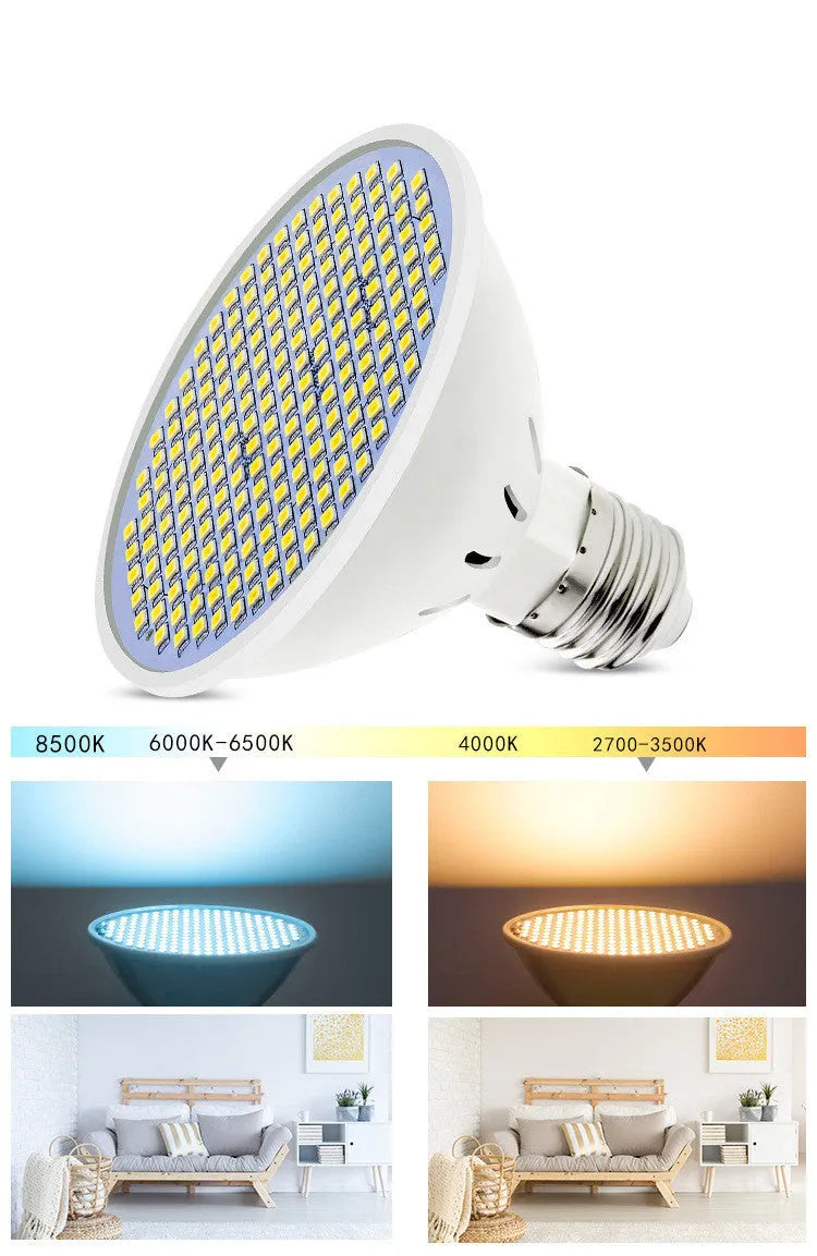 E27 screw-in LED light bulb with a white PC plastic body and visible internal LED beads.