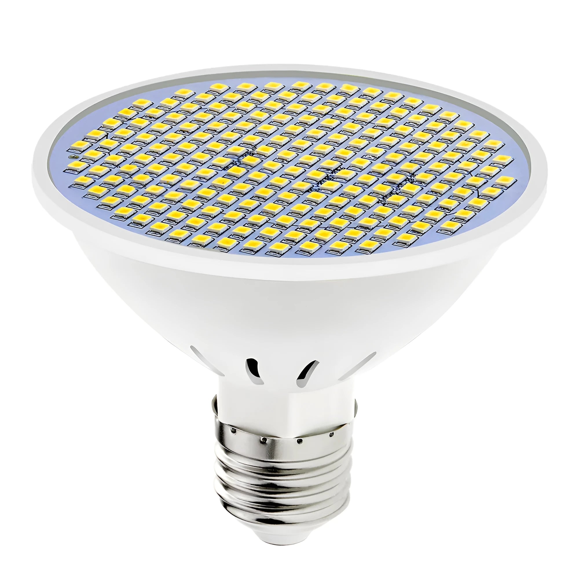 E27 screw-in LED light bulb with a white PC plastic body and visible internal LED beads.