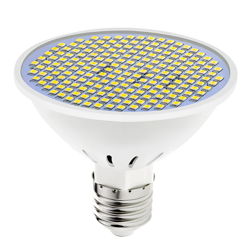 E27 LED energy-saving bulb with white PC lamp cup and screw base, showing warm white and cool white light options.
