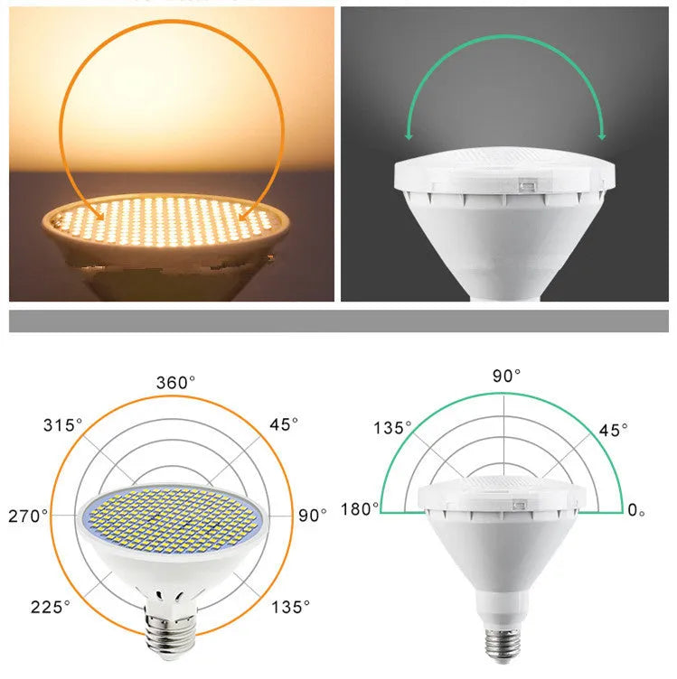 E27 screw-in LED light bulb with a white PC plastic body and visible internal LED beads.