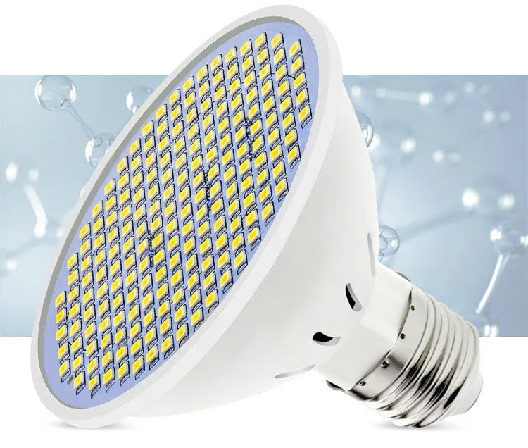 E27 screw-in LED light bulb with a white PC plastic body and visible internal LED beads.
