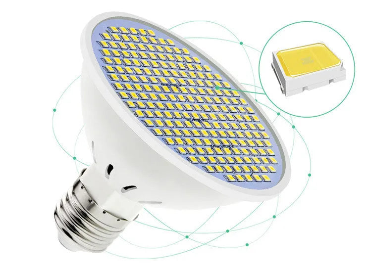 E27 screw-in LED light bulb with a white PC plastic body and visible internal LED beads.