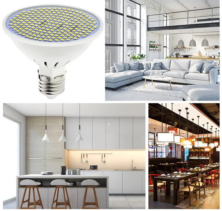 E27 LED lamp cup energy-saving bulb with 300 SMD beads shown in warm white and cool white light options.