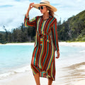 Colour striped long-sleeved rayon beach skirt coverall for women seaside sun protection