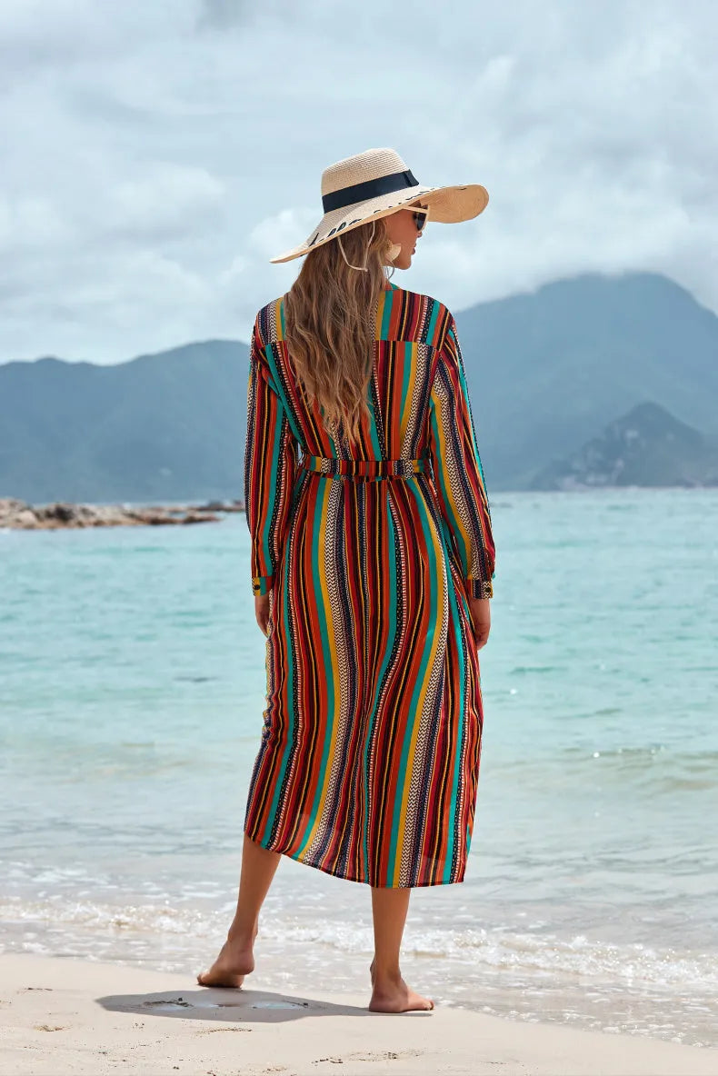 Colour striped long-sleeved rayon beach skirt coverall for women seaside sun protection