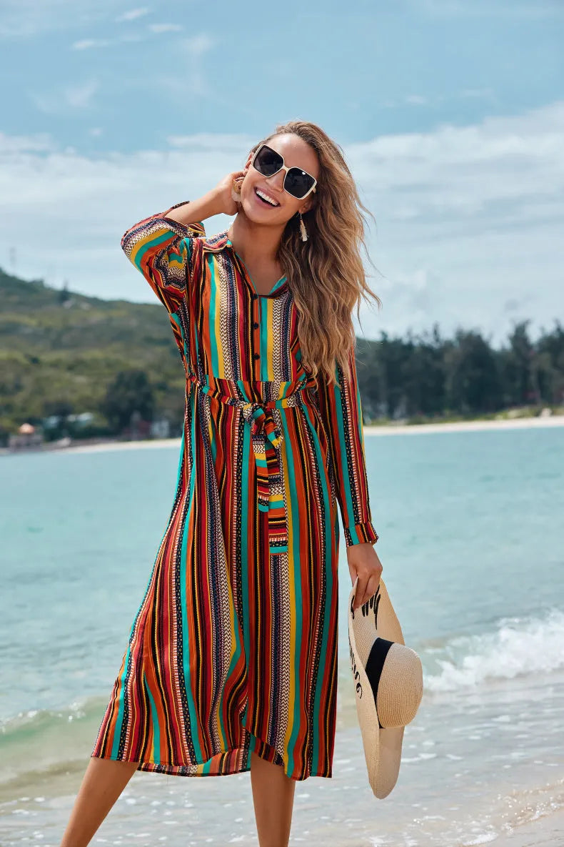 Colour striped long-sleeved rayon beach skirt coverall for women seaside sun protection