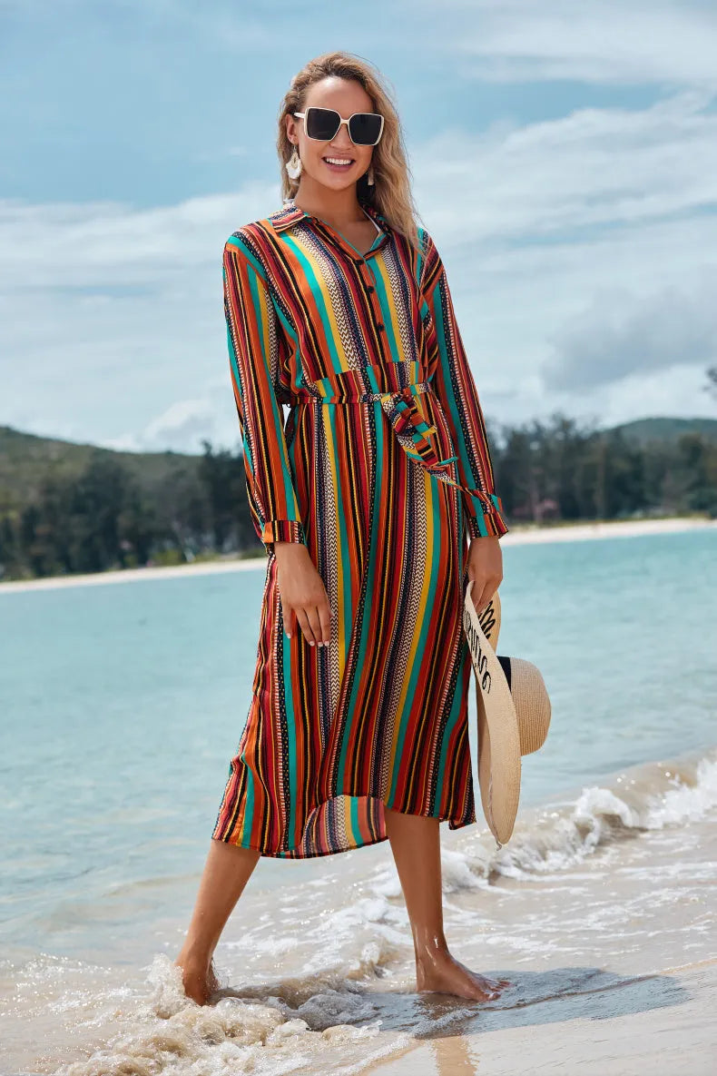 Colour striped long-sleeved rayon beach skirt coverall for women seaside sun protection
