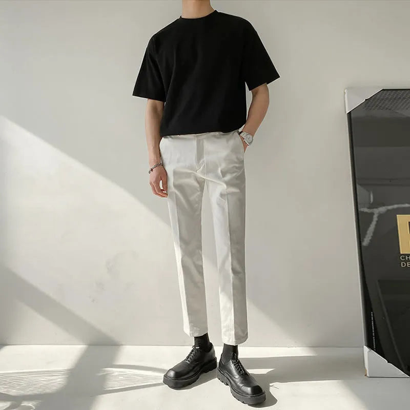 Men's loose solid colour short sleeve T-shirt with round neck and drop shoulder, thin cotton, available in five colours