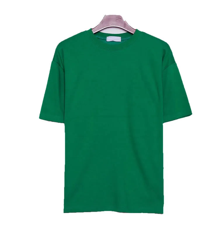 Men's loose solid colour short sleeve T-shirt with round neck and drop shoulder, thin cotton, available in five colours