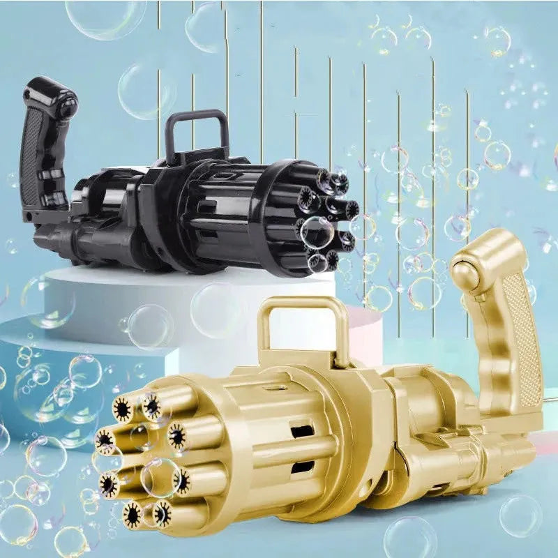 Kids pink bubble machine gun toy with leaf blower design on green grass