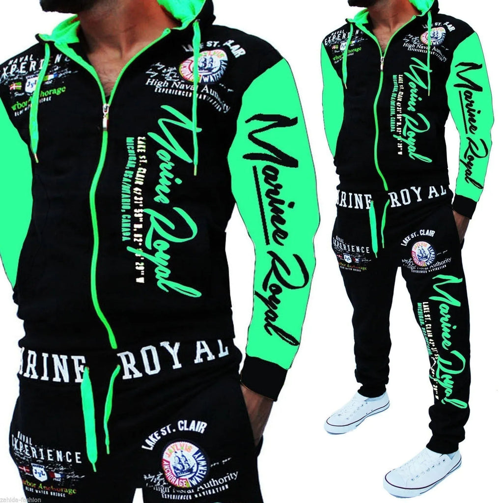 Men's polyester tracksuit set with zipper top and matching pants in green colour