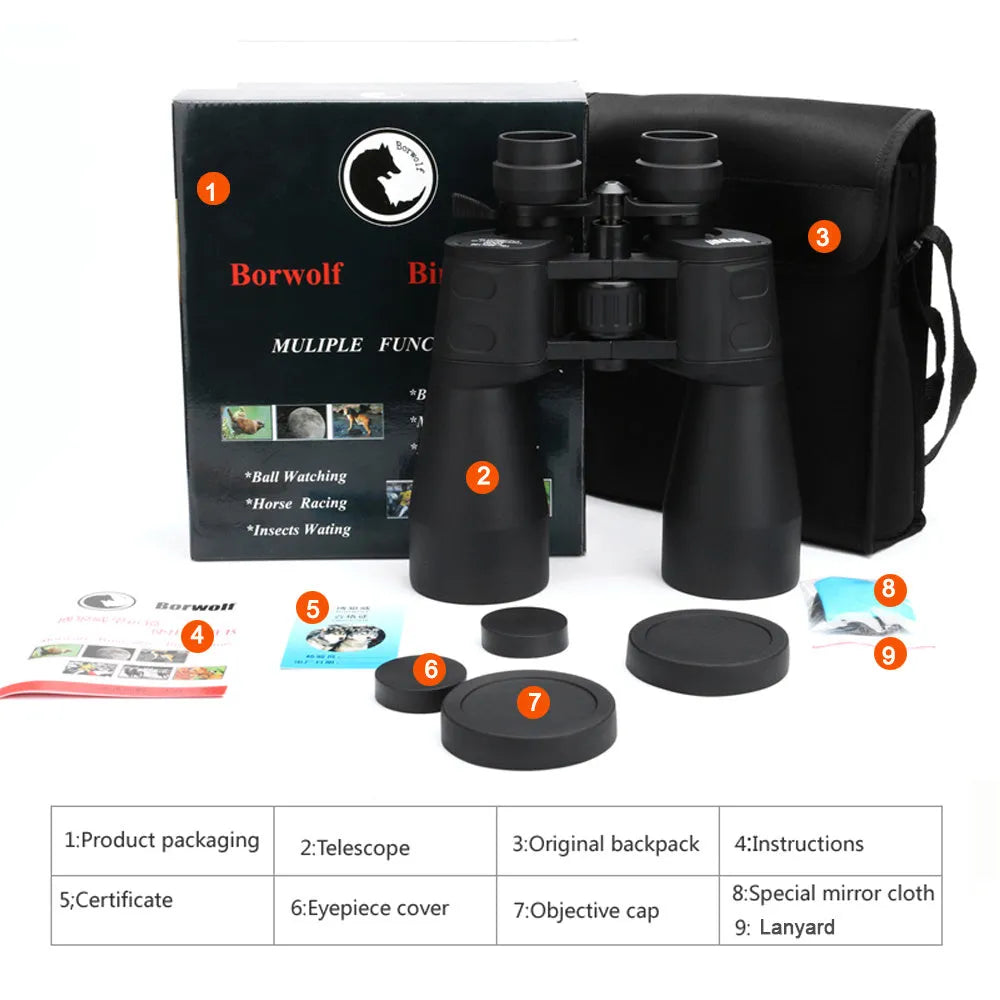 High-powered 10-60x60mm binocular telescope in black for low light night vision viewing