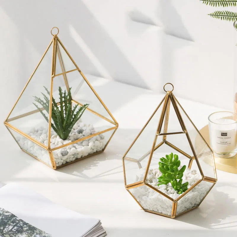 Metal and glass decorative succulent bonsai pot in two style options for home decoration