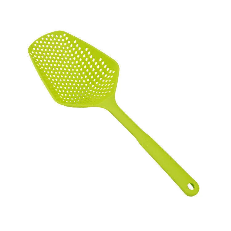 Nylon large scoop strainer colander in black for draining fried food from a pan