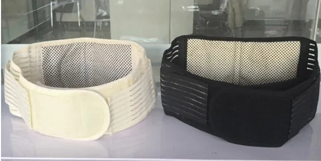 Black self-heating magnetic waist support belt for lumbar muscle strain, shown on a neutral background.
