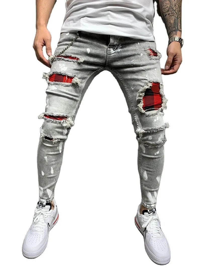 Men's ripped patch stretch denim jeans, hand-painted gray colour, slim-fit pencil style