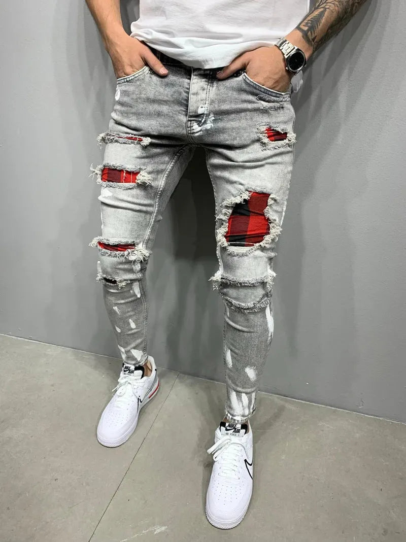 Men's ripped patch stretch denim jeans, hand-painted gray colour, slim-fit pencil style