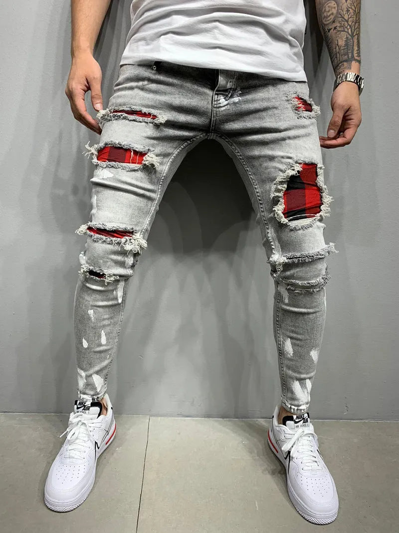 Men's ripped patch stretch denim jeans, hand-painted gray colour, slim-fit pencil style