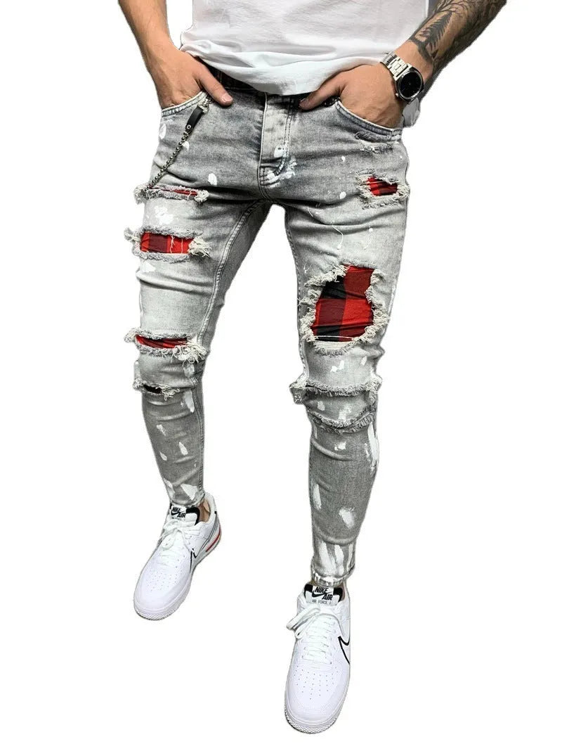 Men's ripped patch stretch denim jeans, hand-painted gray colour, slim-fit pencil style