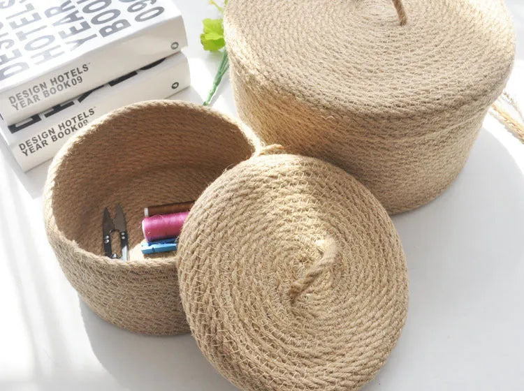 Japanese style linen fabric storage basket with cover in three sizes for bedroom organisation