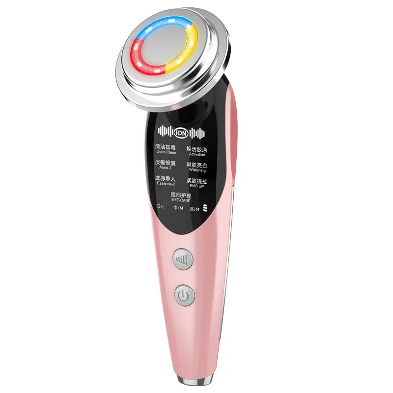 Seven-mode EMS iontophoresis beauty instrument in pink with USB charging cable