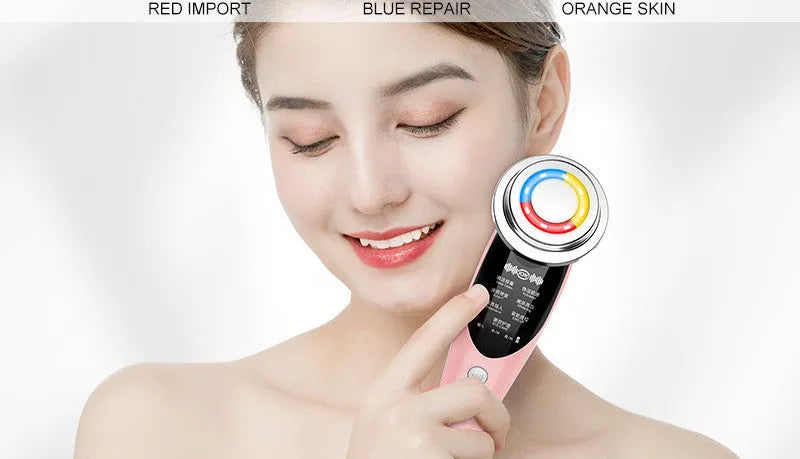 Seven-mode EMS iontophoresis beauty instrument in pink with USB charging cable