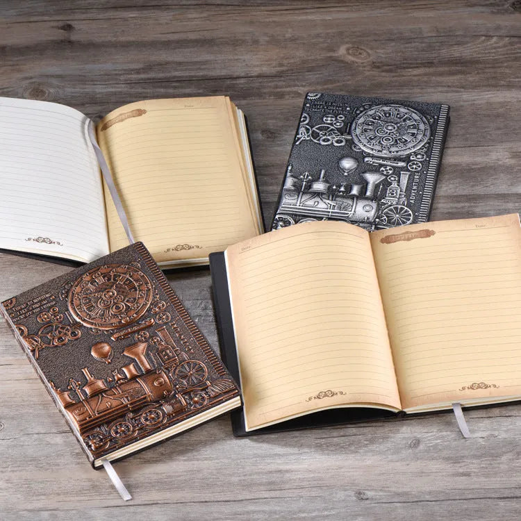Retro embossed diary notepad in green bronze, showing leather-mounted cover and 21.5 cm by 14.5 cm size