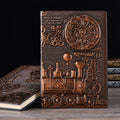 Retro embossed diary notepad in green bronze, showing leather-mounted cover and 21.5 cm by 14.5 cm size