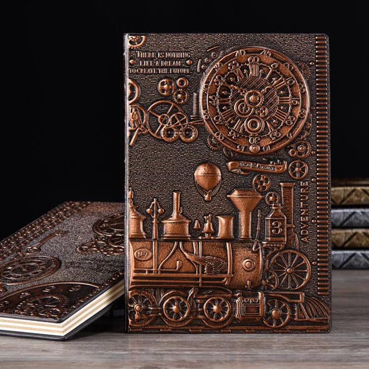 Retro embossed diary notepad in green bronze, showing leather-mounted cover and 21.5 cm by 14.5 cm size