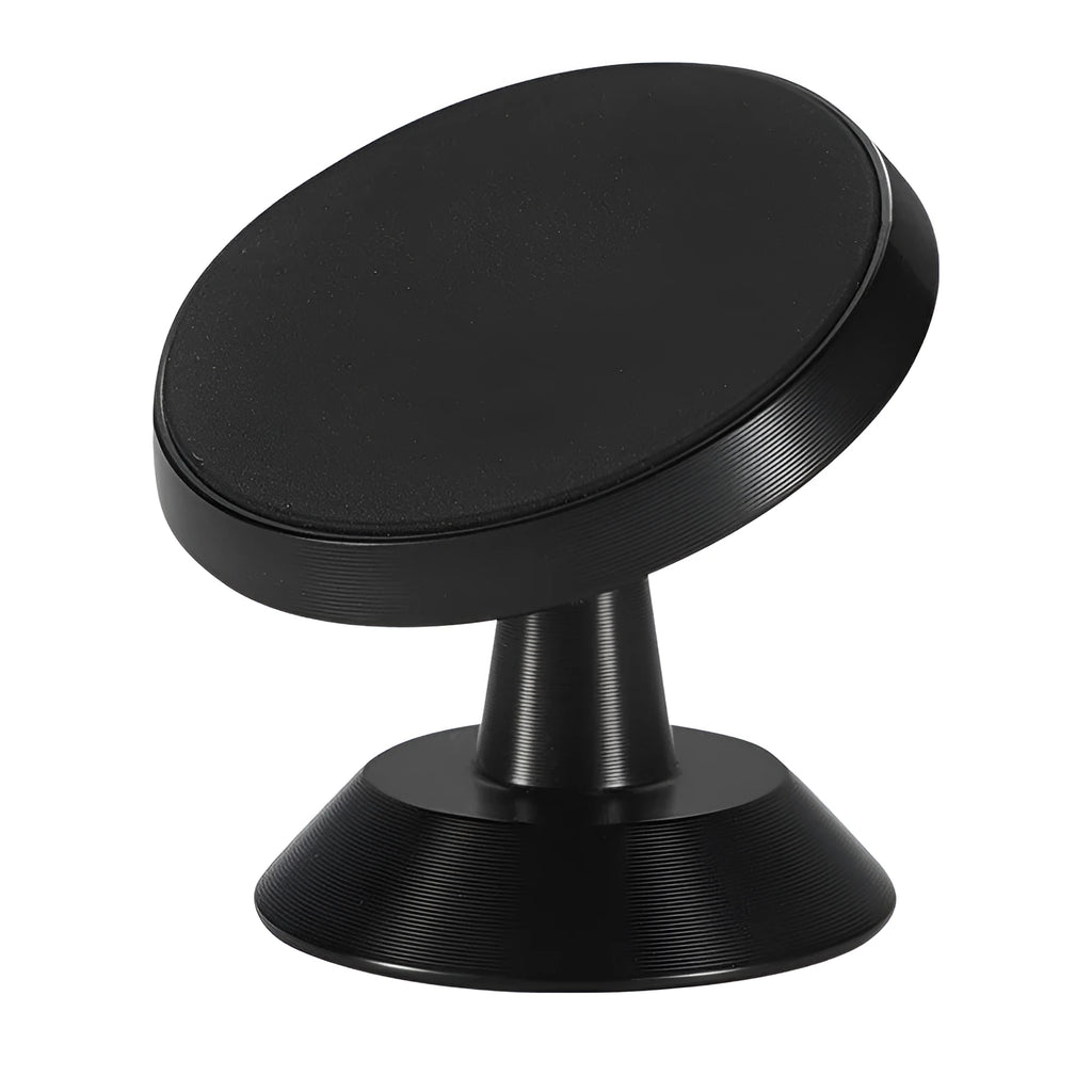 Universal magnetic car phone holder in black, silver, and gold colours on a car dashboard.
