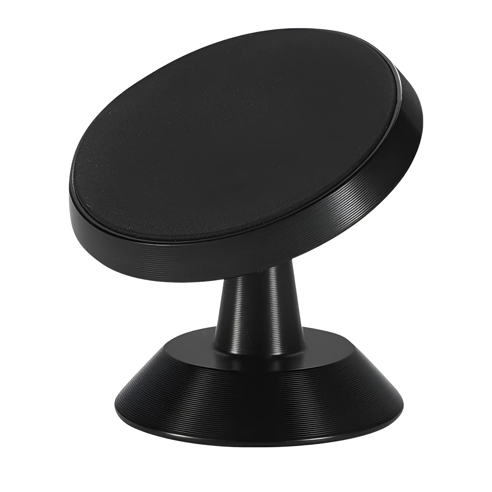 Universal magnetic car phone holder in black, silver, and gold colours on a car dashboard.