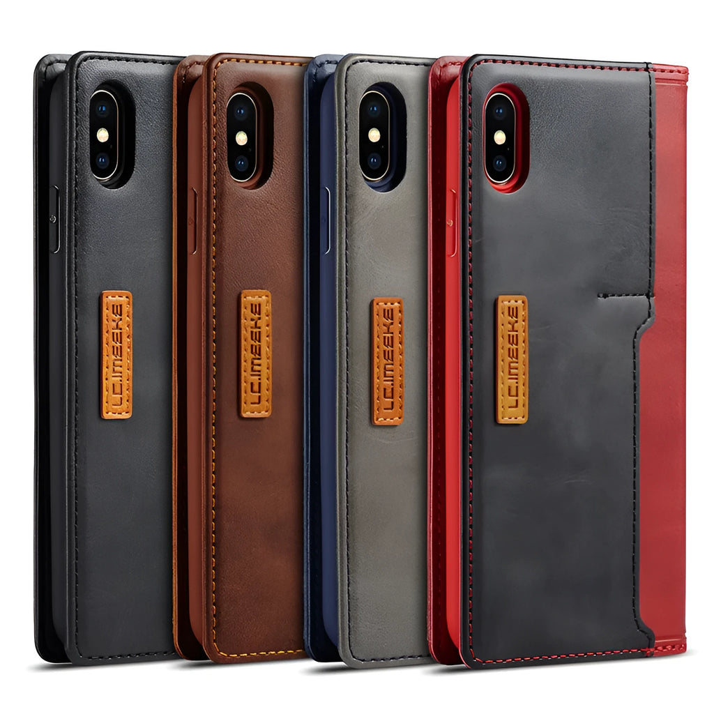 Leather flip phone case for iPhone shown open, revealing interior card slots and a phone, closed with magnetic flap.