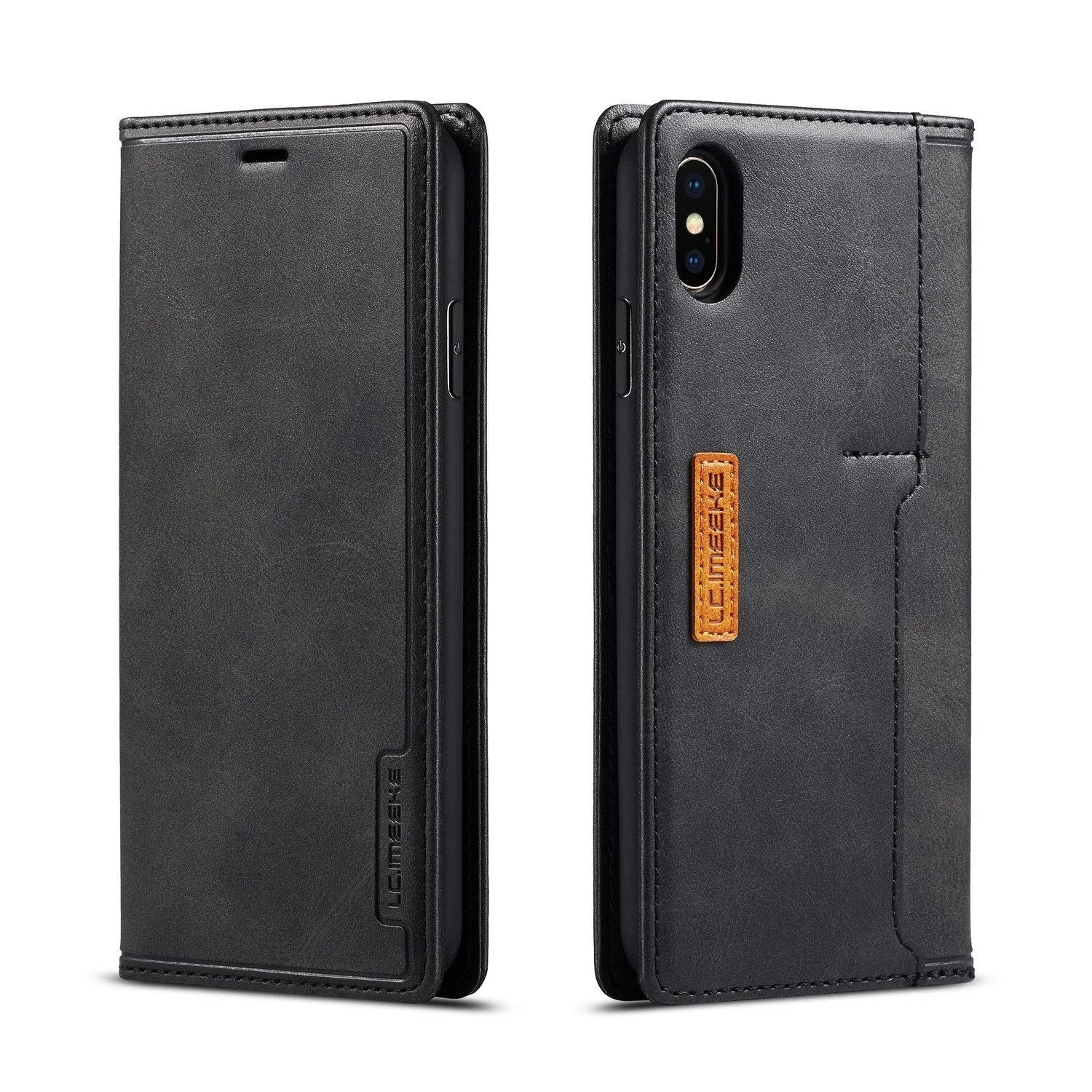 Leather flip phone case for iPhone shown open, revealing interior card slots and a phone, closed with magnetic flap.