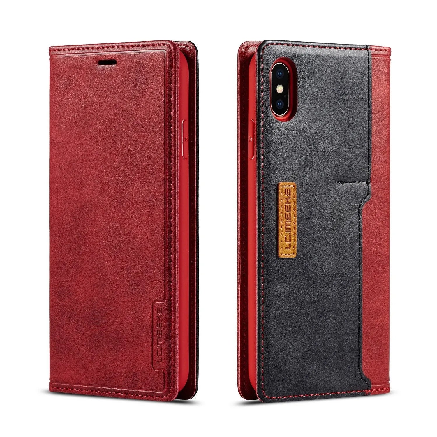 Leather flip phone case for iPhone shown open, revealing interior card slots and a phone, closed with magnetic flap.