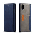 Leather flip phone case for iPhone shown open, revealing interior card slots and a phone, closed with magnetic flap.
