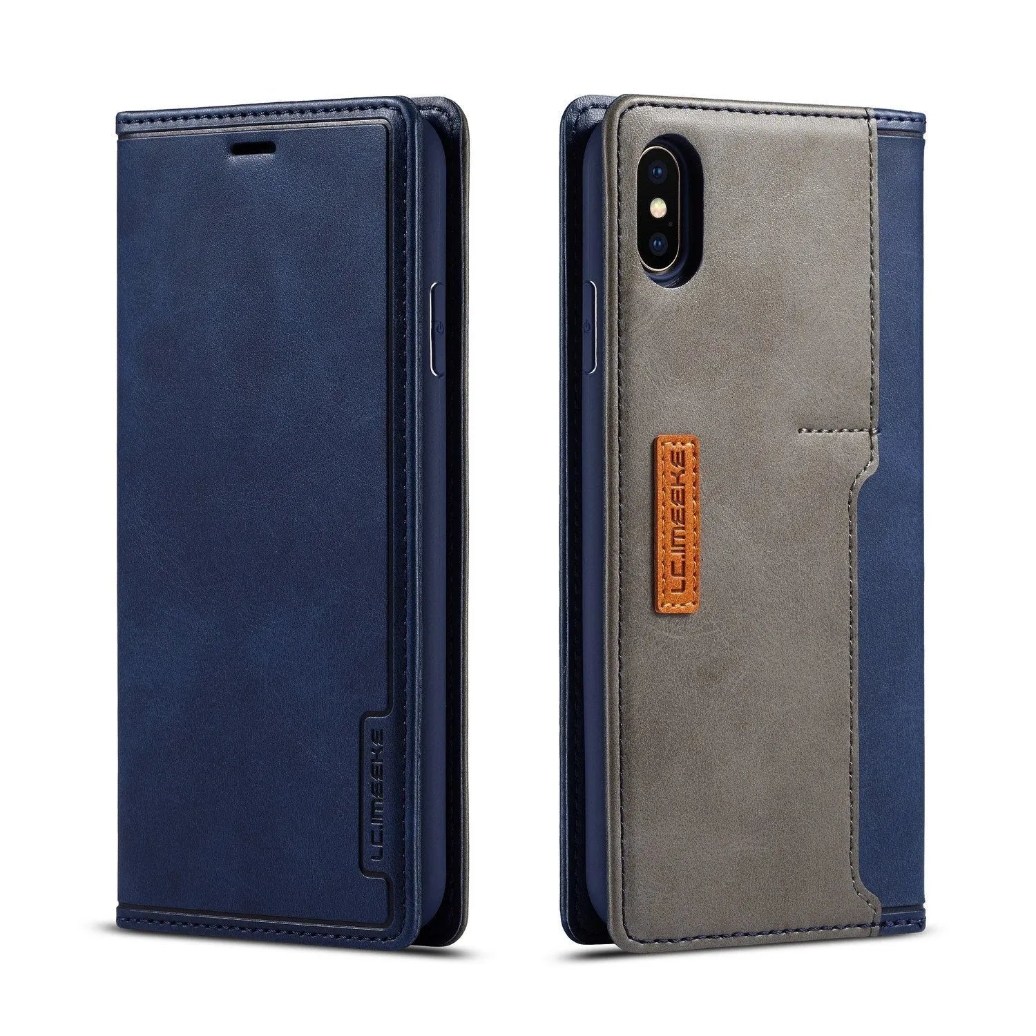 Leather flip phone case for iPhone shown open, revealing interior card slots and a phone, closed with magnetic flap.