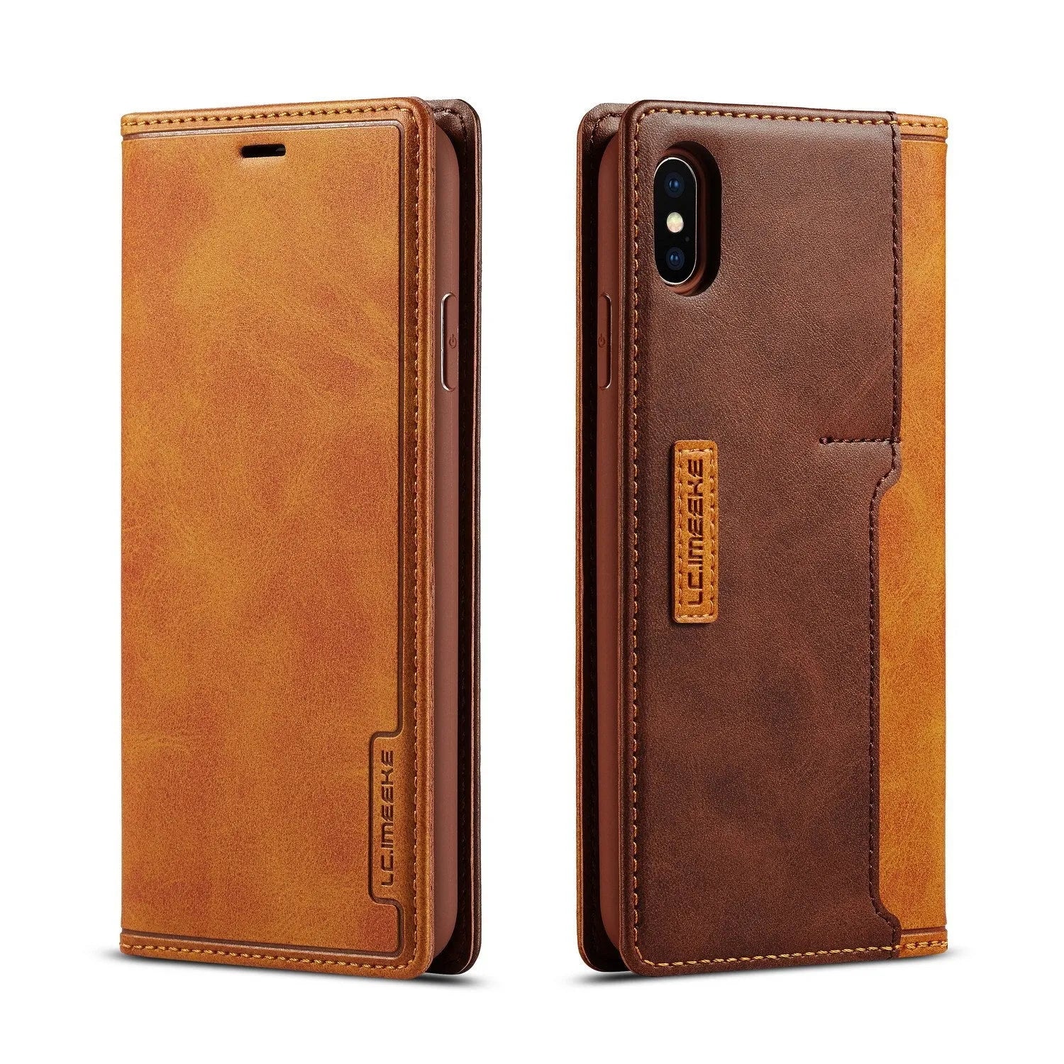 Leather flip phone case for iPhone shown open, revealing interior card slots and a phone, closed with magnetic flap.