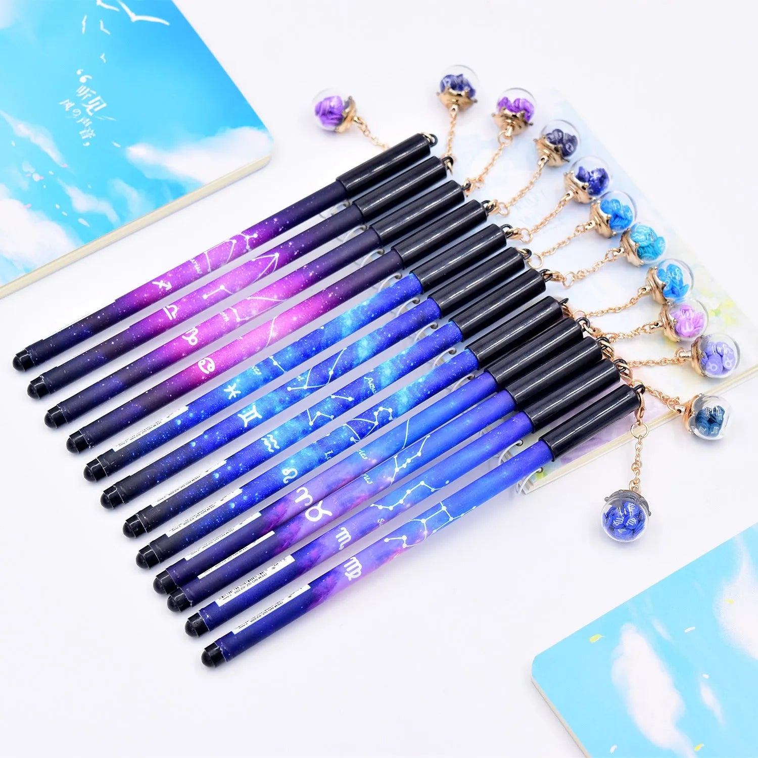 Twelve Constellations Black Gel Pen with Zodiac Pendant 0.5mm Tip Plastic Body 16cm Length for Office Stationery Use 36pcs Box Random Colour