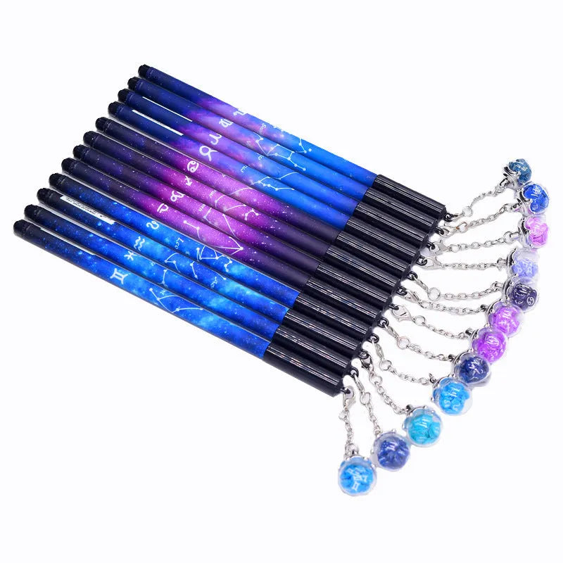 Twelve Constellations Black Gel Pen with Zodiac Pendant 0.5mm Tip Plastic Body 16cm Length for Office Stationery Use 36pcs Box Random Colour